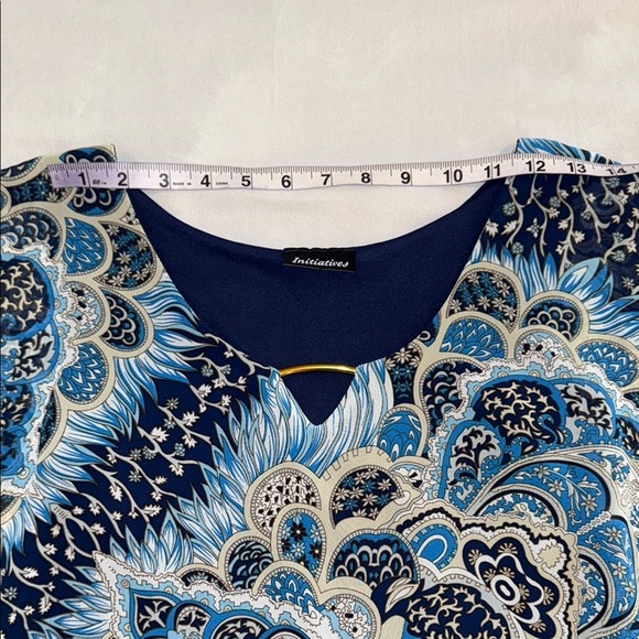 Initiatives Blue and Black Asymmetrical Poncho Sleeve Boho Blouse - Picture 8 of 11